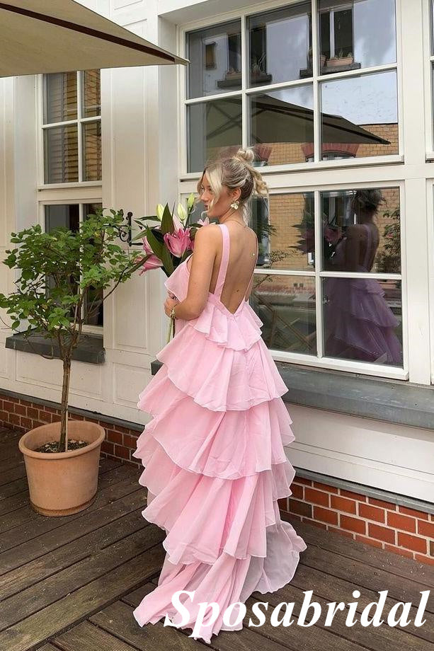 Elegant Chiffon Sleeveless Floor Length Open Back A-Line Maxi Prom Dress, PD4021