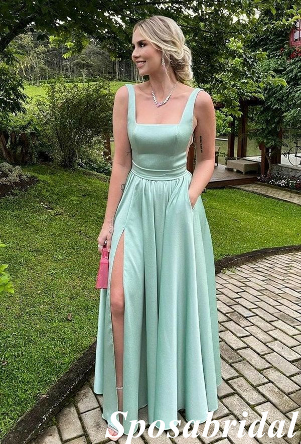 A Line Soft Satin Spaghetti Straps Split Long Prom Dress Formal Party Dress, PD3985