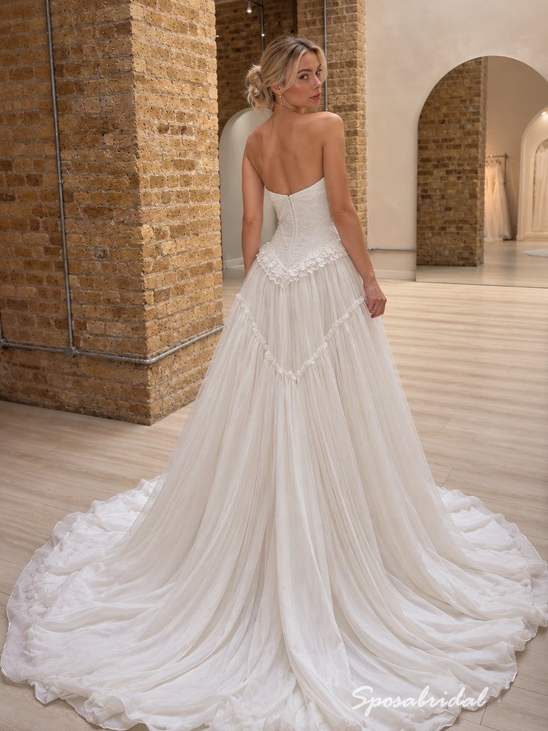 Strapless Sweetheart Tulle Wedding Dress, Lace Applique Corset Tiered Ruffle A-Line Bridal Gown,WD3140