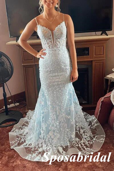 Sexy Tulle And Lace Spaghetti Straps V-Neck Sleeveless Mermiad Long Prom Dresses, PD3912