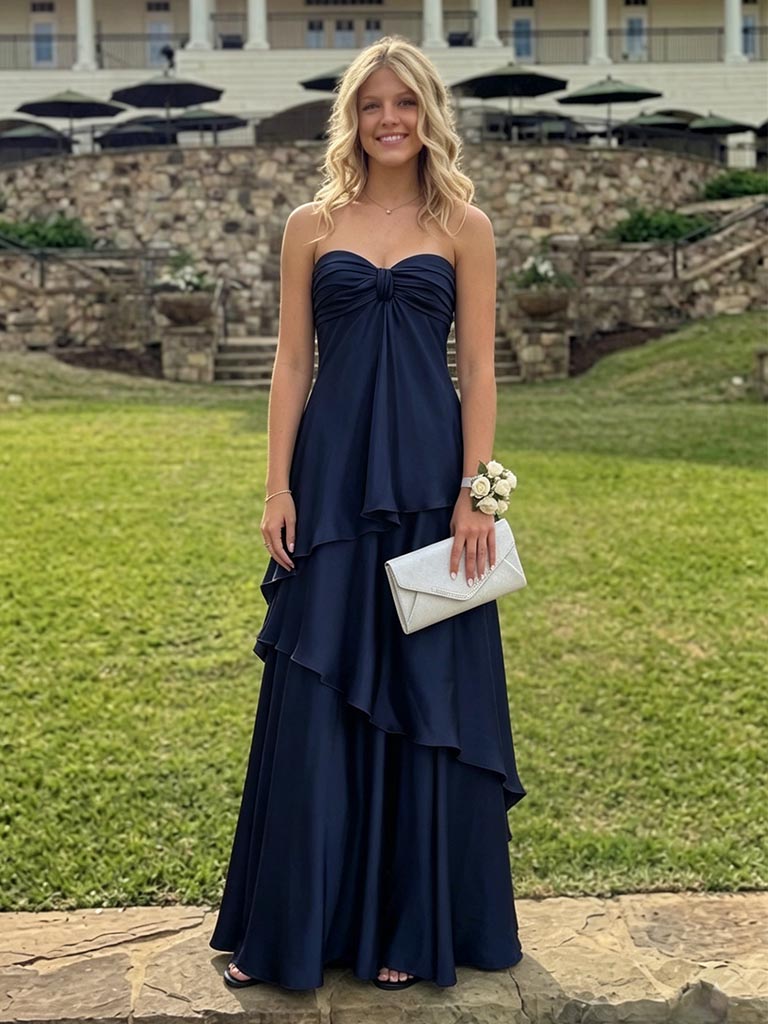 Navy Blue Strapless Satin Prom Dress, Elegant Ruffled Tiered Formal Gown for Graduation, PD4226