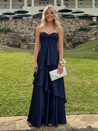Navy Blue Strapless Satin Prom Dress, Elegant Ruffled Tiered Formal Gown for Graduation, PD4226