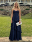 Navy Blue Strapless Satin Prom Dress, Elegant Ruffled Tiered Formal Gown for Graduation, PD4226