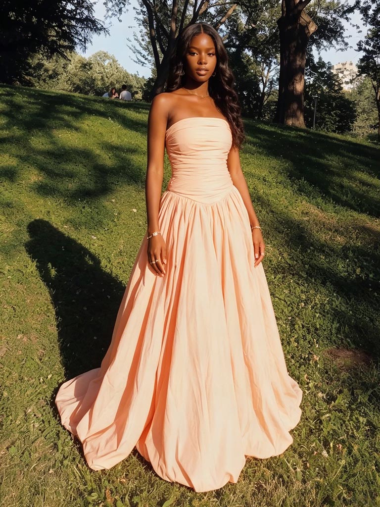 Blush Pink Strapless Ruched Ball Gown, Flowy Formal Prom Dress with Tr SposaBridal Blush Pink Strapless Ruched Ball Gown, Flowy Formal Prom Dress with Tr SposaBridal