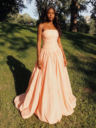 Blush Pink Strapless Ruched Ball Gown, Flowy Formal Prom Dress with Train for Special Occasion, PD4237