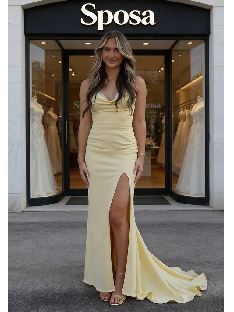 Pale Yellow Jersey Cowl Mermaid Gown High Slit Sexy Wedding Guest Dress, PD4143