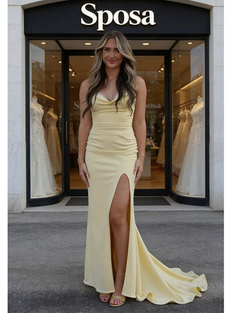 Pale Yellow Jersey Cowl Mermaid Gown High Slit Sexy Wedding Guest Dress, PD4143