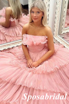 Sweet Blushing-Pink Tulle Sweetheart A-Line Long Prom Dresses, PD3822