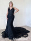 Sexy Black Tulle And Lace Spaghetti Straps V-Neck Mermaid Long Prom Dresses, PD3760