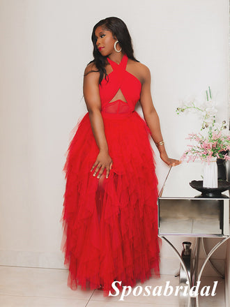 Sexy Red Tulle Halter Side Slit  A-Line Long Prom Dresses, PD3852