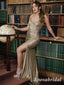 Sexy Sequin Spaghetti Straps V-Neck Sleeveless Side Slit Mermaid Long Prom Dresses,PD3724