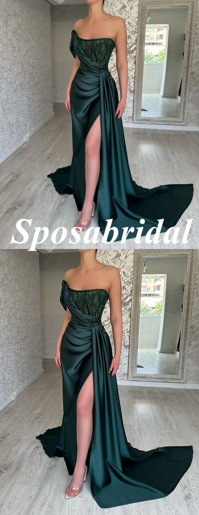 Sexy Soft Satin Sweetheart Side Slit Mermaid Long Prom Dresses With Applique, PD3779