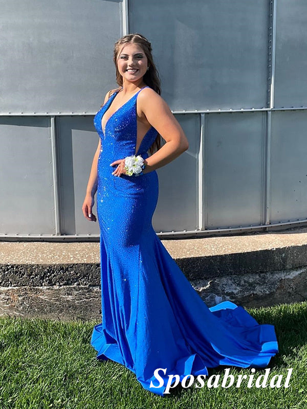 Sexy Navy-Blue Soft Satin Spaghetti Straps V-Neck Mermaid Long Prom Dr SposaBridal Sexy Navy-Blue Soft Satin Spaghetti Straps V-Neck Mermaid Long Prom Dr SposaBridal