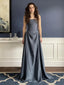 Dusty Blue Strapless A-Line Formal Dress Draped Bodice Floor Length Evening Gown, PD4171