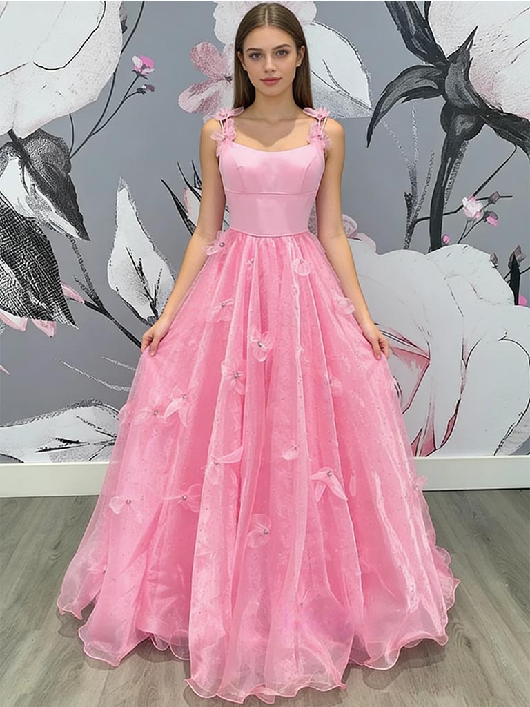 Sexy Satin Top Spaghetti Straps Sleeveless Organza Bottom A-Line Floor Length Prom Dress With Appliques, PD4107