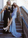 Elegant Dusty Blue Sequin Mermaid Prom Dress | V-Neck High Slit Evening Gown, PD4202