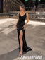 Simple Black Soft Satin Spaghetti Straps V-Neck Sleeveless Side Slit Mermaid Maxi Prom Dress, PD4003