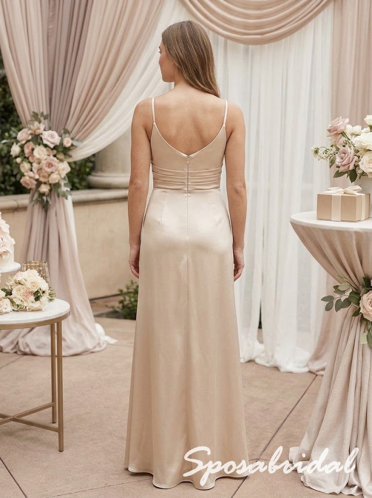 Champagne Satin Spaghetti Strap Cowl Neck Ruched Side High Slit Floor Length Sheath Formal Bridesmaid Dress,BD3487