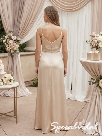 Champagne Satin Spaghetti Strap Cowl Neck Ruched Side High Slit Floor Length Sheath Formal Bridesmaid Dress,BD3487