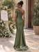 Olive Green Satin Ruched One Shoulder Tulle Sleeve Floor Length Mermaid Bridesmaid Gown, BD3482