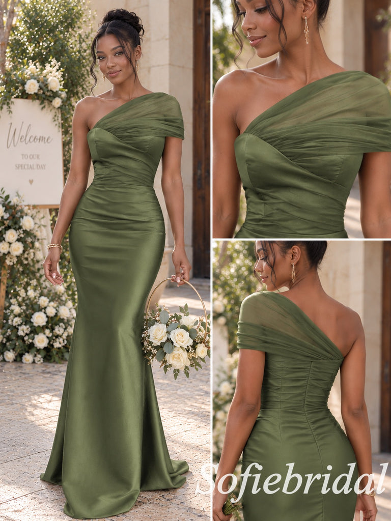 Olive Green Satin Ruched One Shoulder Tulle Sleeve Floor Length Mermaid Bridesmaid Gown, BD3482