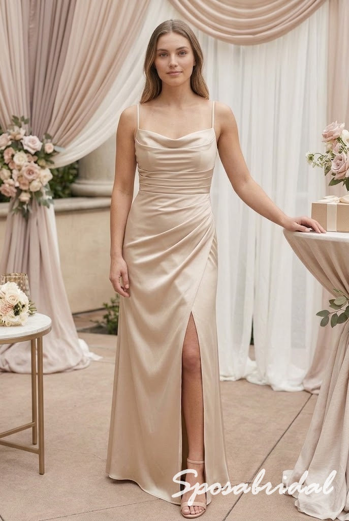 Champagne Satin Spaghetti Strap Cowl Neck Ruched Side High Slit Floor Length Sheath Formal Bridesmaid Dress,BD3487