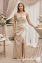 Champagne Satin Spaghetti Strap Cowl Neck Ruched Side High Slit Floor Length Sheath Formal Bridesmaid Dress,BD3487