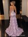 Lavender Sequin Mermaid Evening Dress, Spaghetti Strap Backless Tiered Ruffle Prom Gown,PD4356