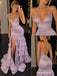 Lavender Sequin Mermaid Evening Dress, Spaghetti Strap Backless Tiered Ruffle Prom Gown,PD4356