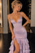 Lavender Sequin Mermaid Evening Dress, Spaghetti Strap Backless Tiered Ruffle Prom Gown,PD4356