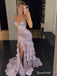 Lavender Sequin Mermaid Evening Dress, Spaghetti Strap Backless Tiered Ruffle Prom Gown,PD4356