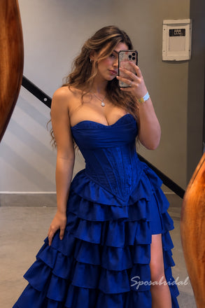 Strapless Royal Blue Corset Evening Dress, Tiered Ruffle High Slit Prom Gown, PD4357