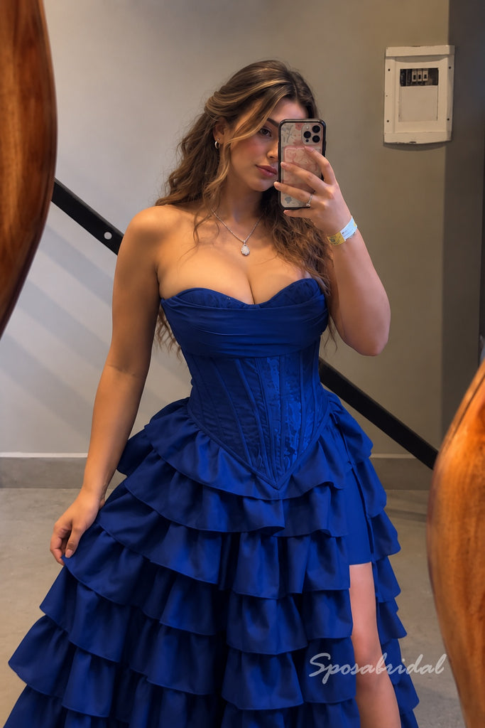 Strapless Royal Blue Corset Evening Dress, Tiered Ruffle High Slit Prom Gown, PD4357