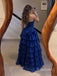 Strapless Royal Blue Corset Evening Dress, Tiered Ruffle High Slit Prom Gown, PD4357