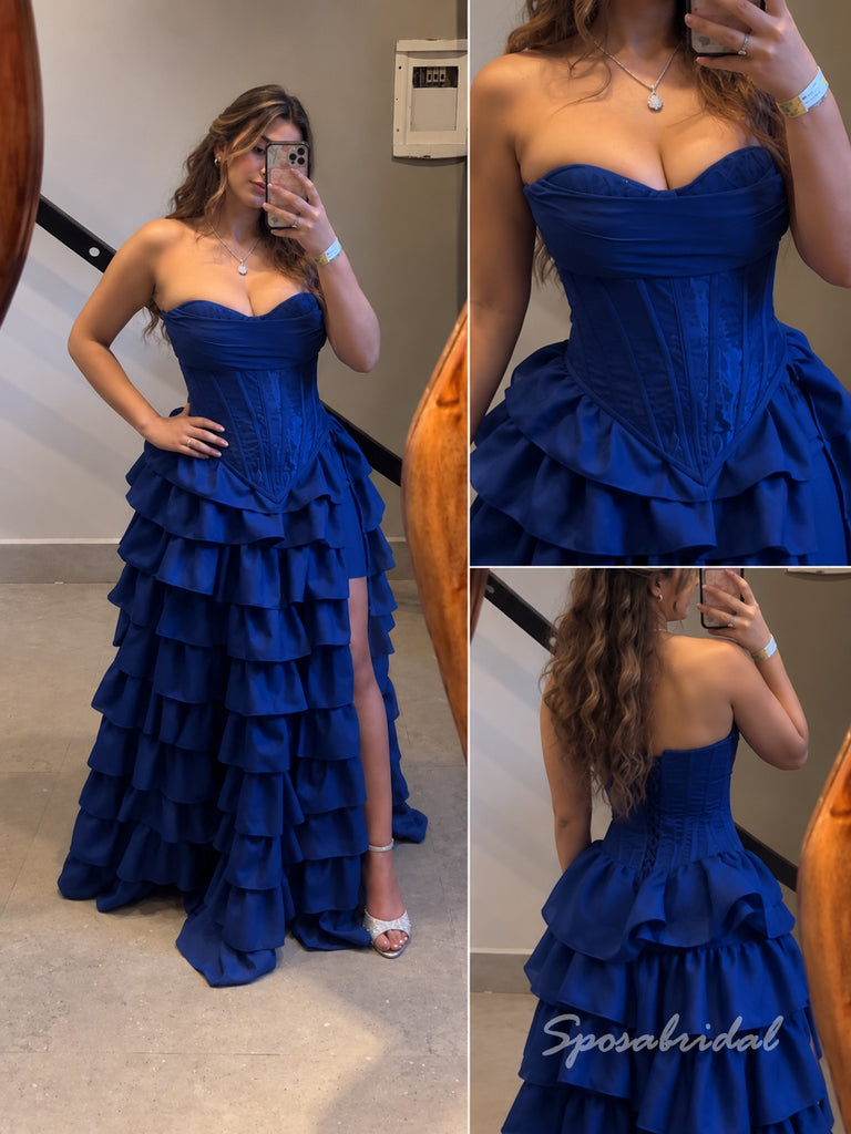 Strapless Royal Blue Corset Evening Dress, Tiered Ruffle High Slit Prom Gown, PD4357