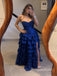 Strapless Royal Blue Corset Evening Dress, Tiered Ruffle High Slit Prom Gown, PD4357