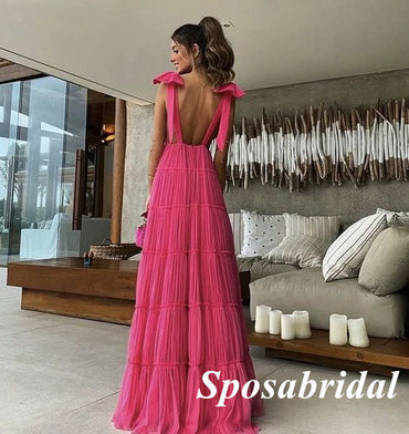 Sexy Pink Deep V-neck Spaghetti Straps A-line Half-open Back Long Prom –  SposaBridal