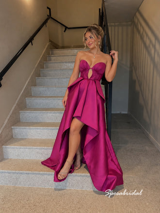 Fuchsia Strapless Satin High Low Gown, Keyhole Cutout Corset Formal Prom Evening Dress, PD4366