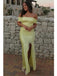 Pale Green Off-the-Shoulder Satin Slit Maxi Dress for Wedding Guest & Summer Events, PD4197