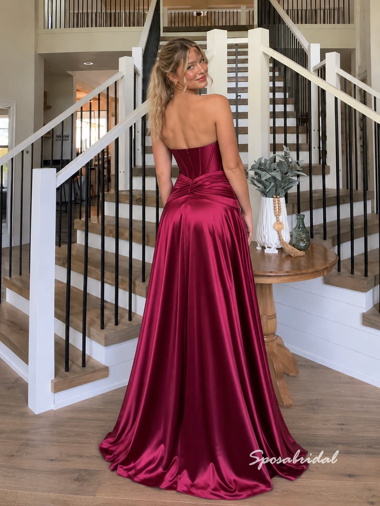 Burgundy Strapless Satin A-Line Gown, Keyhole Cutout Corset Formal Prom Evening Dress, PD4365