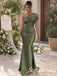Olive Green Satin Ruched One Shoulder Tulle Sleeve Floor Length Mermaid Bridesmaid Gown, BD3482