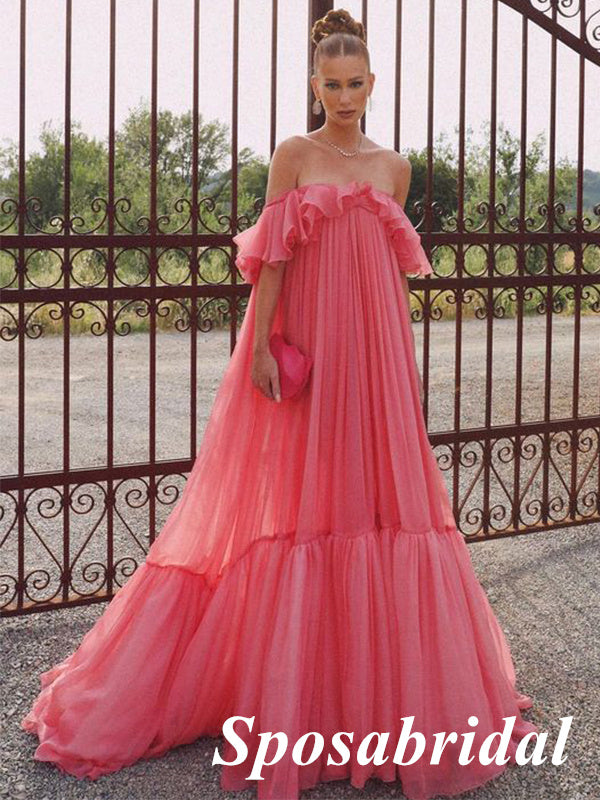 Elegant Chiffon Off Shoulder A-Line Long Prom Dresses, PD3799