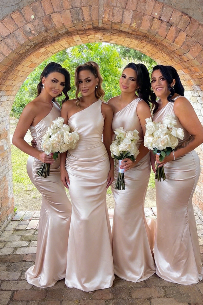 Shiny One Shoulder Soft Satin Sleeveless Floor-Length Mermaid Maxi Mermaid Bridesmaid Dresses, BD3409