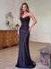 1. Strapless Black Lace Beaded Mermaid Satin Evening Dress, Sheer Bodice Formal Prom Gown, PD4358