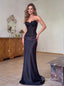 1. Strapless Black Lace Beaded Mermaid Satin Evening Dress, Sheer Bodice Formal Prom Gown, PD4358