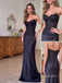 1. Strapless Black Lace Beaded Mermaid Satin Evening Dress, Sheer Bodice Formal Prom Gown, PD4358