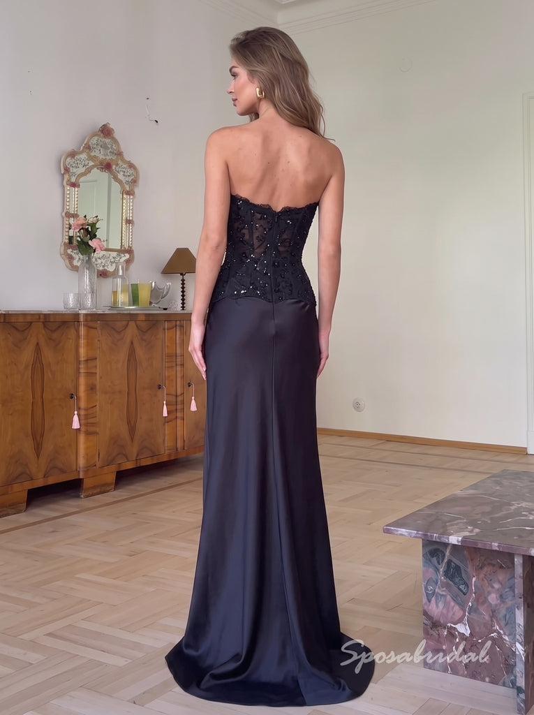 1. Strapless Black Lace Beaded Mermaid Satin Evening Dress, Sheer Bodice Formal Prom Gown, PD4358