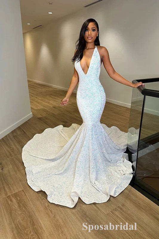 Sexy Sequin V-Neck Sleeveless Lace Up Back Mermaid Long Prom Dresses,PD3714
