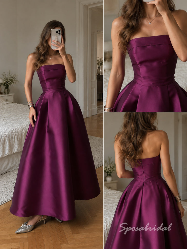 Strapless Plum Satin Midi Evening Dress, Straight Neck Pleated Ballgown Formal Gown, PD4360