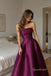 Strapless Plum Satin Midi Evening Dress, Straight Neck Pleated Ballgown Formal Gown, PD4360